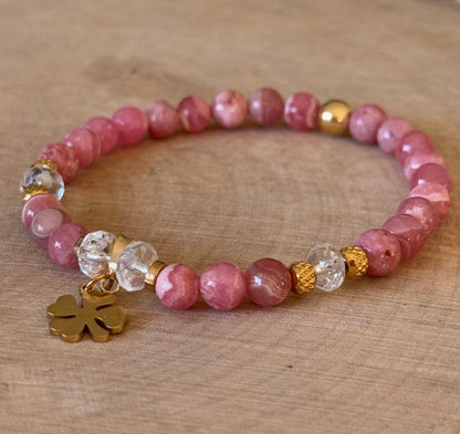 CONSOLATÌON, bracelet en Rhodochrosite et Cristal de Roche. Anti-Stress et Guerison Affective.