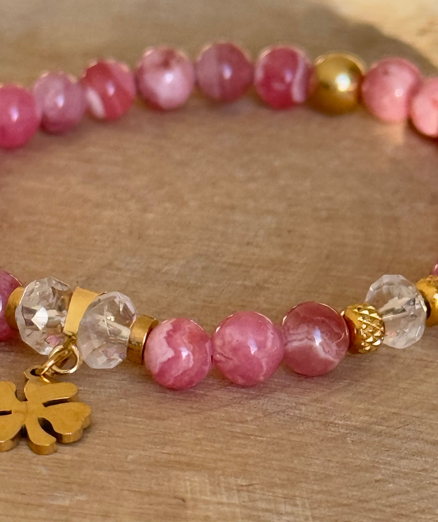 CONSOLATÌON, bracelet en Rhodochrosite et Cristal de Roche. Anti-Stress et Guerison Affective.